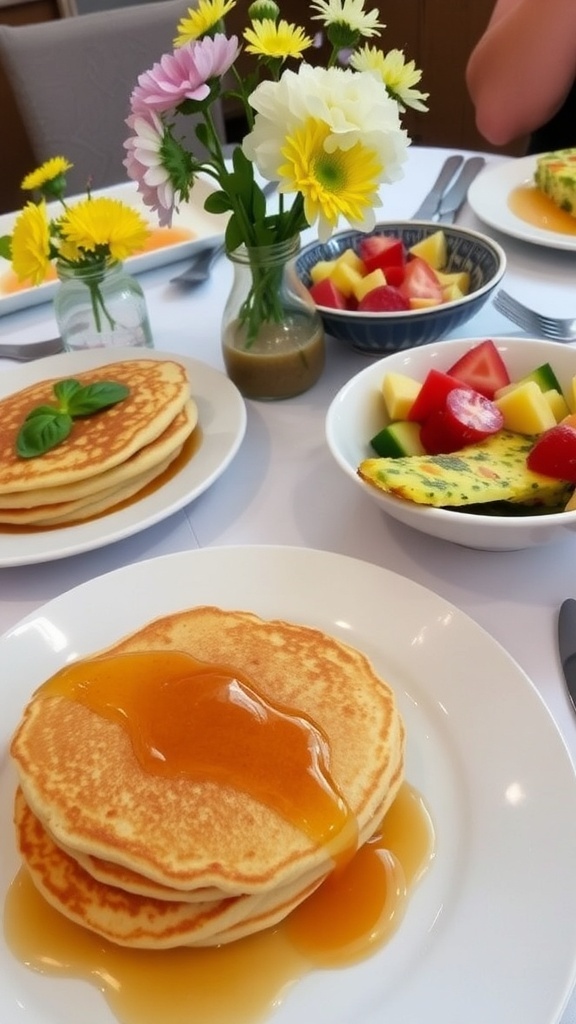 A brunch spread with pancakes, frittata, and fruit salad on a table.